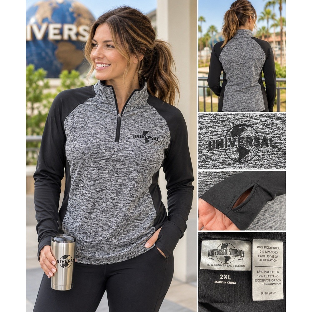 Universal Studios Womens 2XL Quarter Zip Pullover Gray Black Thumbhole Athletic